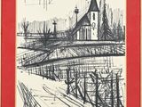 an image of a drawing of a church with a red frame
