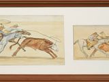 painting of two cowboys on horses chasing a steer in a rodeo