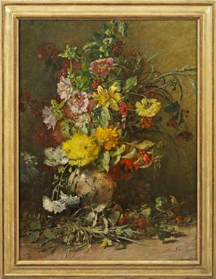an oil painting of flowers in a vase on a table