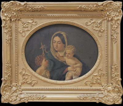 une peinture ancienne représentant une femme tenant un bébé dans ses bras