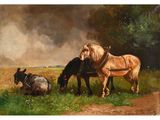 painting of two horses and a cow in a field by a stream