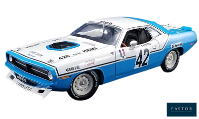 a picture of a blue and white car with numbers on it