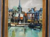 an oil painting of a boat docked in a harbor with buildings in the background