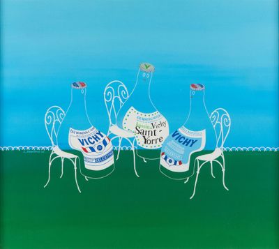 a painting of three chairs and a table on the grass