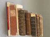 Plusieurs vieux livres sont alignés sur une étagère fixée au mur.