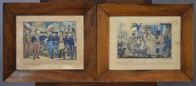 two framed pictures of a couple of people standing next to each other
