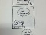 drawing of a cartoon of a dog and a man in a kitchen