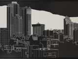 une image représentant un dessin d'un paysage urbain en noir et blanc