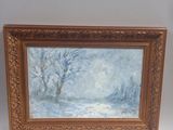 a painting of a snowy landscape with trees in the foreground