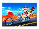tableau représentant une femme à moto, un pistolet à la main
