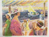 un tableau représentant un groupe de personnes sur un bateau