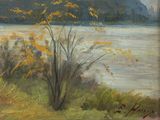 painting of a painting of a river with trees and a mountain in the background