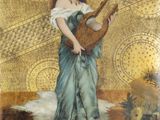 painting of a woman playing a guitar on a rug in a room