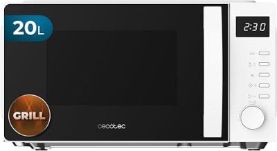 Le micro-ondes est blanc et dispose d'un gril sur le côté.