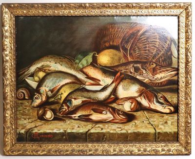 tableau représentant une nature morte composée de poissons et de légumes posés sur une table