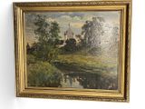 painting of a landscape with a church in the distance and a river in the foreground