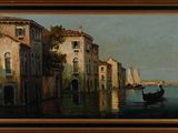 painting of a canal scene with a gondola boat in the foreground