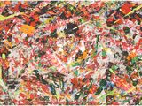 an abstract painting with red, green, yellow, and black paint