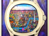 une photo d'une montre avec une photo d'une ville en arrière-plan