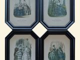 three framed pictures of women in dresses are displayed in a black frame
