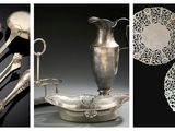 plusieurs photos différentes d'argenterie, notamment un pichet, des cuillères et des assiettes