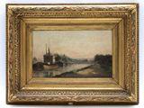 a painting of a river scene with a castle in the distance