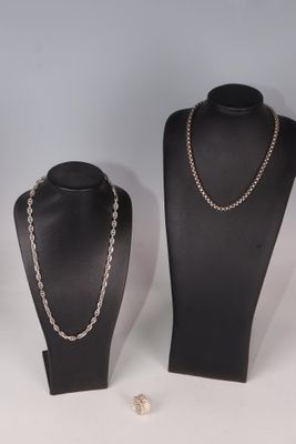 1 lot de 2 chaînes en métal argenté et une bague en métal ar…