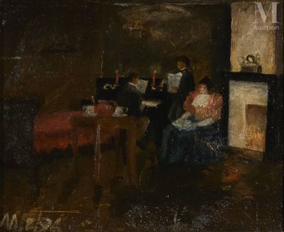 painting of a group of people sitting around a table in a room