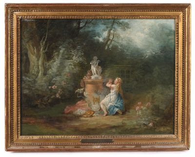 an oil painting of two women in a garden with a bird on the ground
