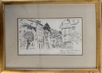 framed drawing of a street scene with buildings and a man