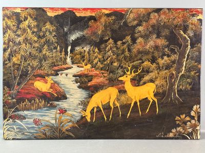 une image représentant un tableau montrant des cerfs dans une forêt, près d'un ruisseau