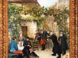 painting of a group of people sitting on a bench in a courtyard