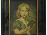 painting of a young girl holding a book in a black frame