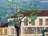 un tableau représentant un bâtiment devant lequel se trouve un arbre