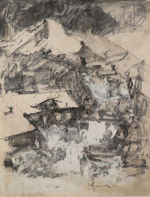une image représentant un dessin en noir et blanc d'une chaîne de montagnes