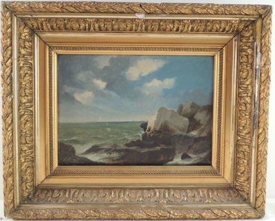 une image représentant un tableau d'une côte rocheuse avec un homme sur les rochers