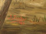 an oil painting of a horse in a field with a fence in the foreground