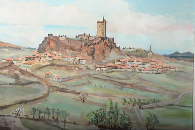 une peinture d'un château au milieu d'un champ
