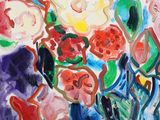 a painting of flowers in a blue vase on a table