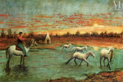 un tableau représentant un homme à cheval gardant un troupeau de moutons
