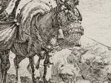 a drawing of a man on a horse pulling a cart