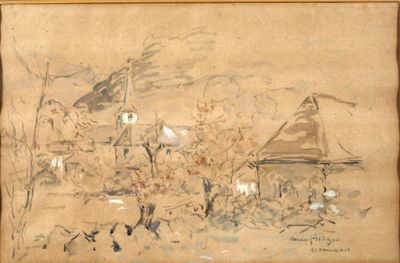 dessin représentant une maison dans un environnement boisé, survolée par un oiseau