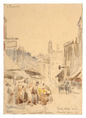 dessin représentant une scène de rue avec des passants et une tour horloge en arrière-plan