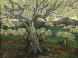 une peinture à l'huile représentant un arbre dans un champ, avec des collines en arrière-plan