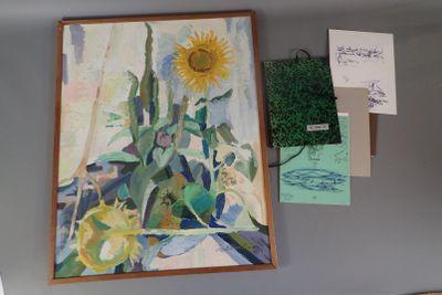 un tableau représentant un tournesol accroché au mur
