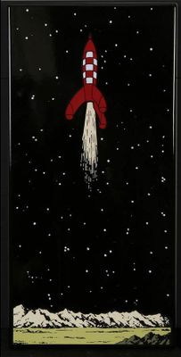 a painting of a red rocket flying through the night sky