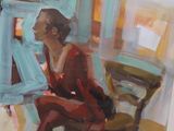 a painting of a woman sitting on a chair in front of a window