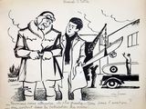 drawing of two men standing next to each other in front of a truck