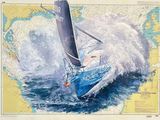 tableau représentant un voilier en pleine mer agitée, avec une carte du monde en arrière-plan