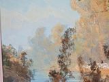 an oil painting of a river scene with trees in the foreground